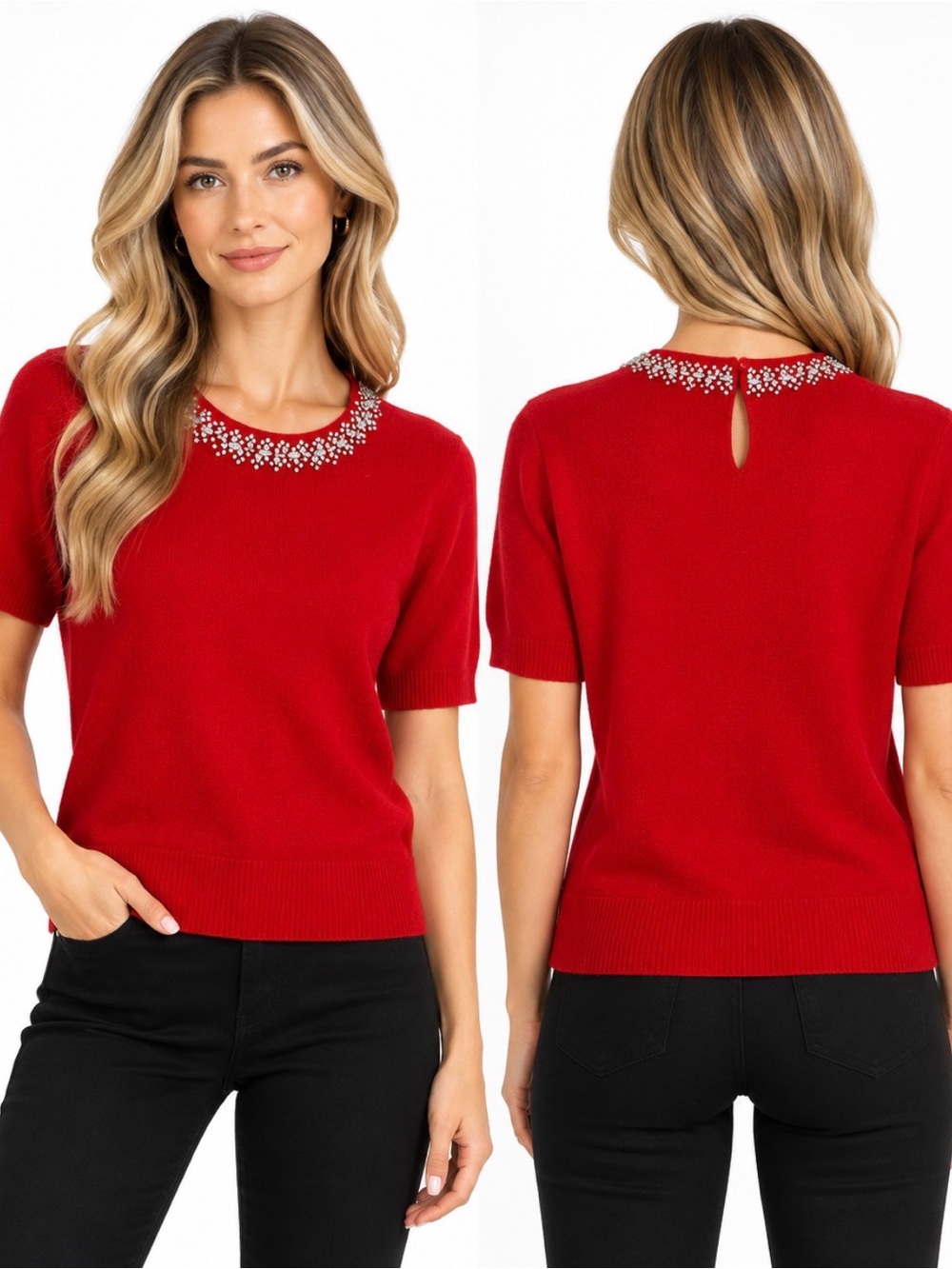 Tahari 100% Cashmere Red Jeweled Neck Short Sleeve Sweater Size S NWT